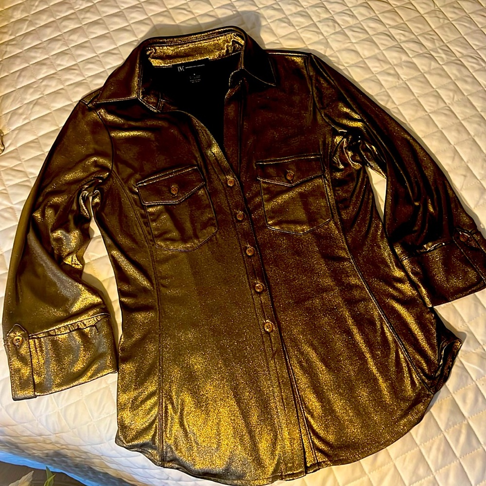 I-N-C international gold lame’ button front shirt
